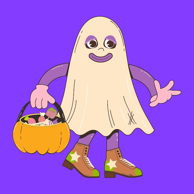 Vector lindo personaje fantasma para halloween en estilo de dibujos animados retro ilustración vectorial de una mascota fantasma