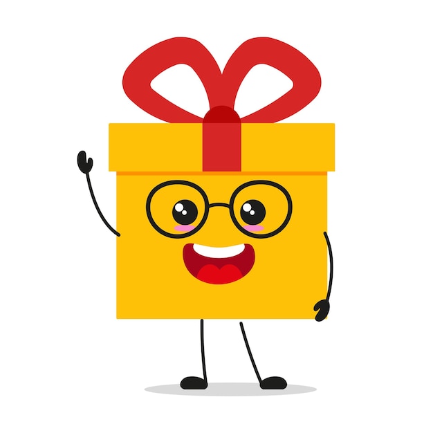 Vector lindo personaje feliz de la caja de regalos sonriendo y saludando la caja de regalos emoticón de dibujos animados en estilo plano