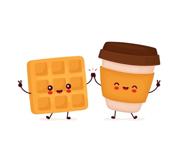 Lindo personaje feliz de waffle y café. aislado sobre fondo blanco