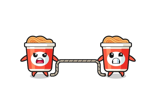 lindo personaje de fideos instantáneos está jugando tira y afloja