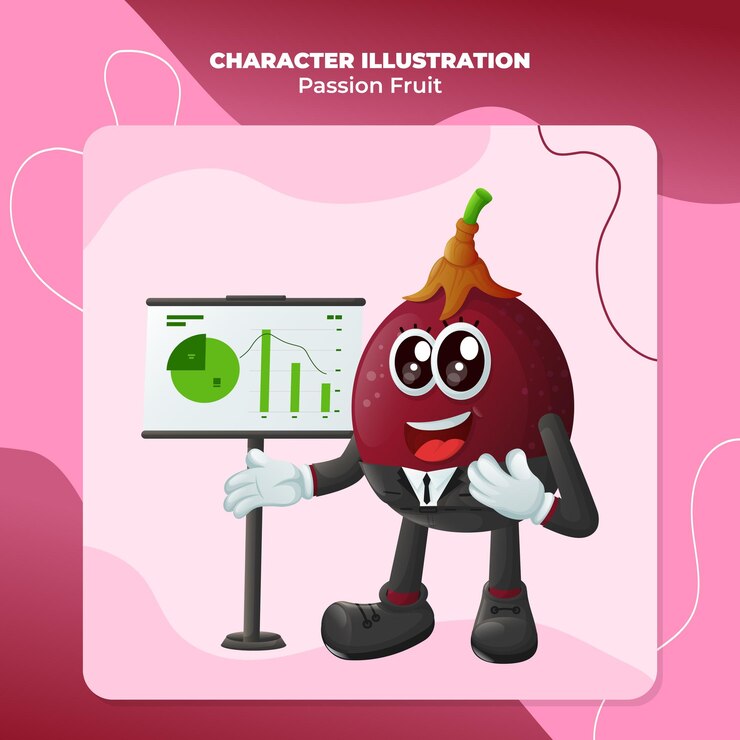 Vector el lindo personaje de la fruta de la pasión presenta informes financieros