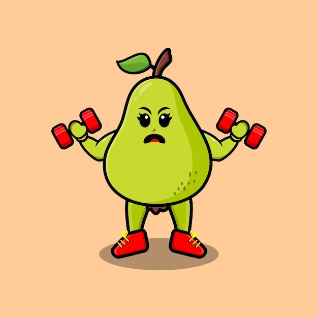 Lindo personaje de fruta de pera de dibujos animados es fitness con barra en un diseño de estilo moderno
