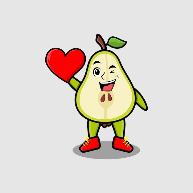 Lindo personaje de fruta de pera de dibujos animados con un gran corazón rojo en un diseño de estilo moderno