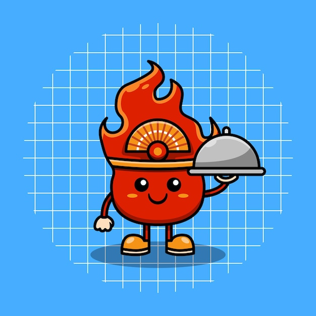 Lindo personaje de fuego sosteniendo ilustración de vector de campana de servicio en estilo de dibujos animados plana