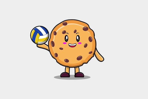 Lindo personaje de galletas de dibujos animados jugando voleibol en la ilustración de estilo de dibujos animados plana