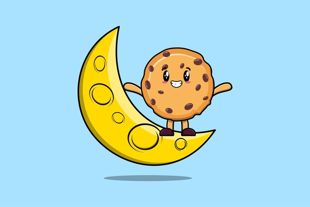 Lindo personaje de galletas de dibujos animados de pie en la luna creciente en la ilustración de diseño moderno 3d