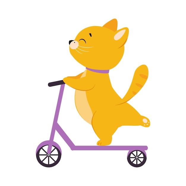 El lindo personaje del gato rojo montando un scooter de patada. Ilustración vectorial.