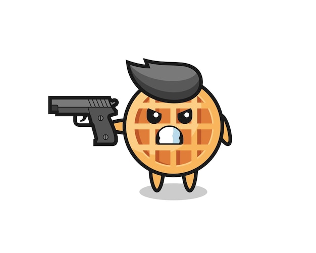 El lindo personaje de gofre circular dispara con una pistola, diseño lindo