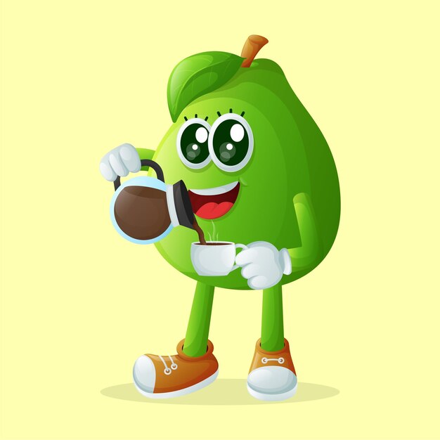 Lindo personaje de guayaba sirviendo café Perfecto para productos para niños y promoción de pancartas adhesivas o blog
