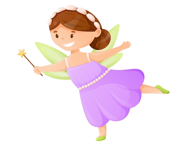 Lindo personaje Hada de los dientes con alas Dibujos animados vector aislado niña princesa con varita mágica