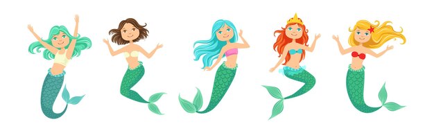 Vector lindo personaje de hadas sirena con cuerpo femenino y conjunto vectorial de cola de pez