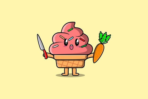 Lindo personaje de helado de dibujos animados con cuchillo y zanahoria en un diseño de estilo moderno