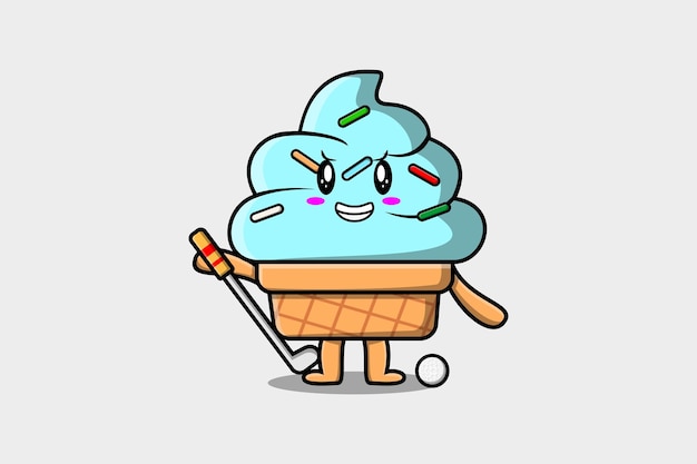 Lindo personaje de helado de dibujos animados jugando al golf en concepto de ilustración de estilo de dibujos animados plana