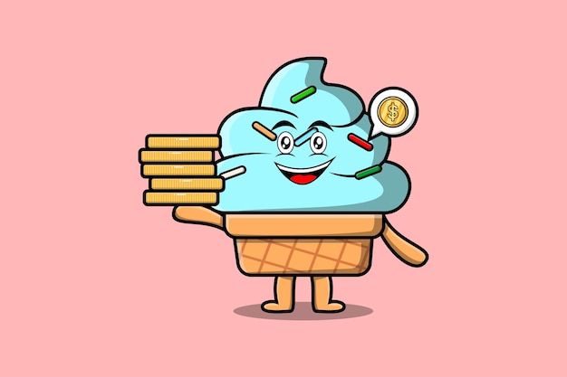 Lindo personaje de helado de dibujos animados sosteniendo en la ilustración de vector de moneda de oro apilada