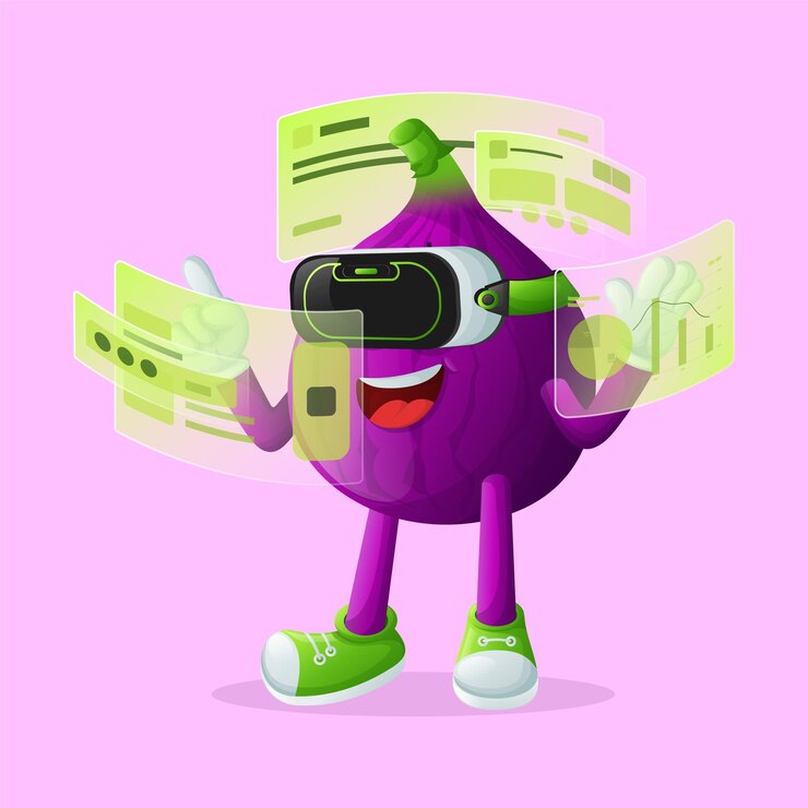 Vector lindo personaje de higo en el metaverso perfecto para productos infantiles y promociones de pancartas adhesivas o blogs