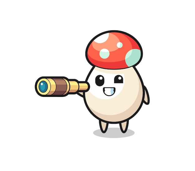 Lindo personaje de hongo sostiene un viejo telescopio, diseño de estilo lindo para camiseta, pegatina, elemento de logotipo