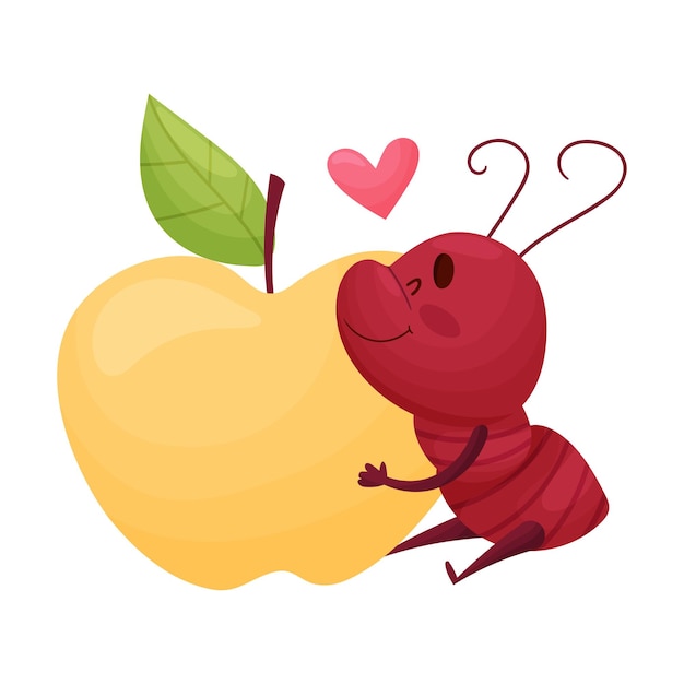 El lindo personaje de la hormiga abrazando la gran manzana Ilustración vectorial de frutas