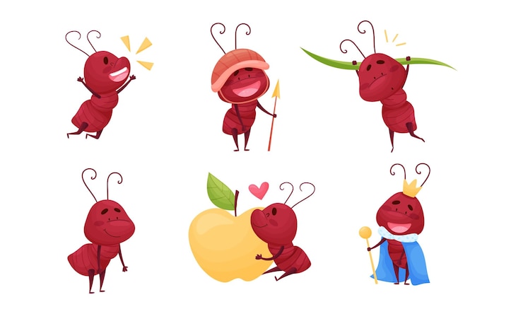 Vector el lindo personaje de la hormiga abrazando una manzana enorme y usando el conjunto vectorial del manto