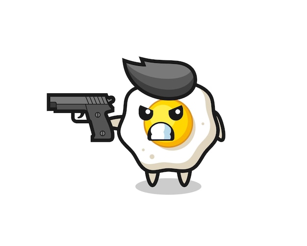 El lindo personaje de huevo frito dispara con una pistola, diseño de estilo lindo para camiseta, pegatina, elemento de logotipo