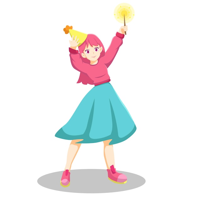 Lindo personaje humano de Año Nuevo con fuegos artificiales Ilustración