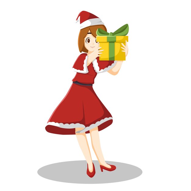 Vector lindo personaje humano de navidad que sostiene la ilustración de la caja de regalos