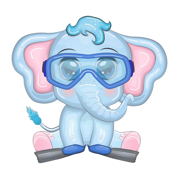 Vector lindo personaje infantil de dibujos animados de elefante con hermosos ojos con aletas y máscara en la playa y de vacaciones