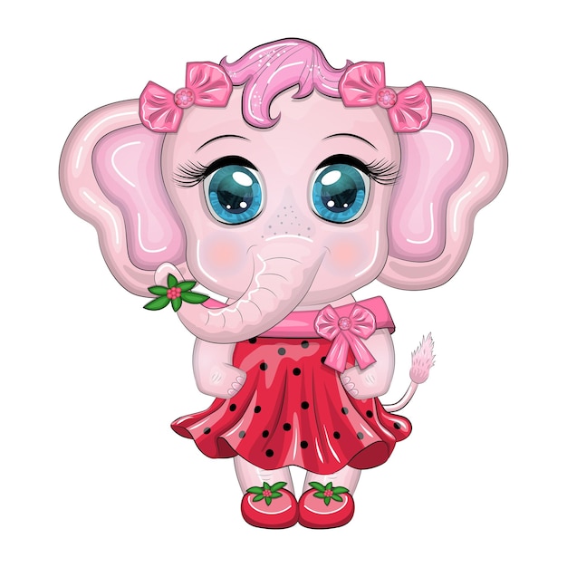 Vector el lindo personaje infantil de dibujos animados de la niña elefante en un hermoso vestido