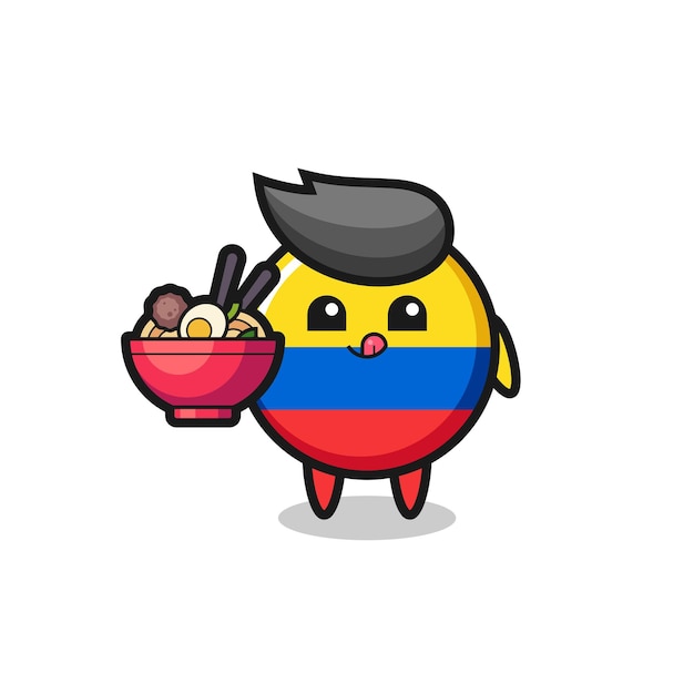 Lindo personaje de insignia de bandera de colombia comiendo fideos