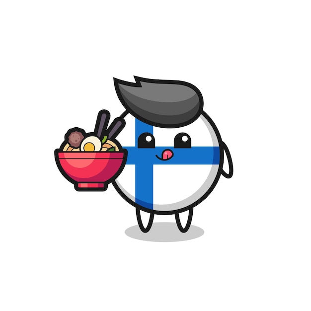 Lindo personaje de insignia de bandera de finlandia comiendo fideos