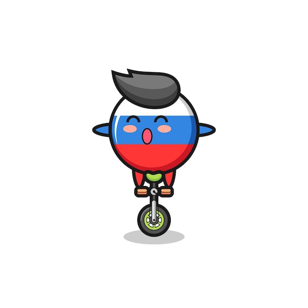 El lindo personaje de la insignia de la bandera de rusia está montando una bicicleta de circo