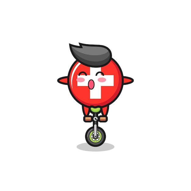 El lindo personaje de la insignia de la bandera de suiza está montando una bicicleta de circo, diseño de estilo lindo para camiseta, pegatina, elemento de logotipo