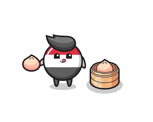 Lindo personaje de insignia de la bandera de yemen comiendo bollos al vapor, diseño de estilo lindo para camiseta, pegatina, elemento de logotipo