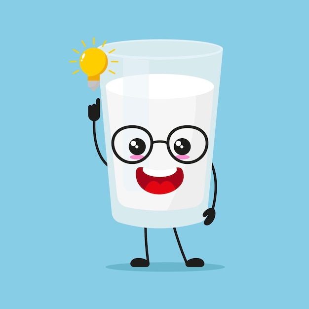 Lindo personaje inteligente de vaso de leche Leche divertida tuvo idea de inspiración emoticon de dibujos animados en estilo plano