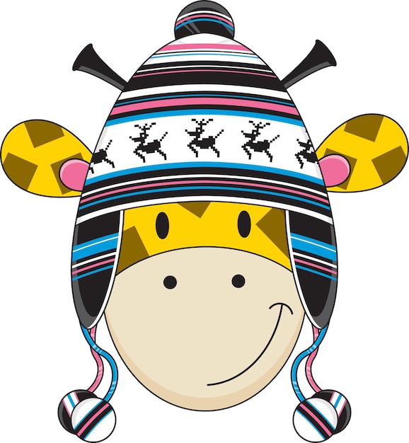 Lindo personaje de jirafa de dibujos animados en sombrero de reno lanudo