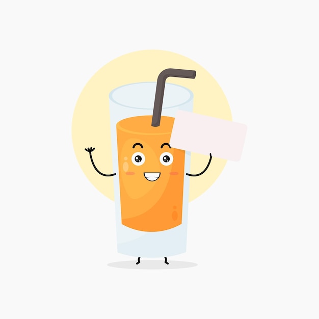 Lindo personaje de jugo de naranja sonriendo con papel en blanco