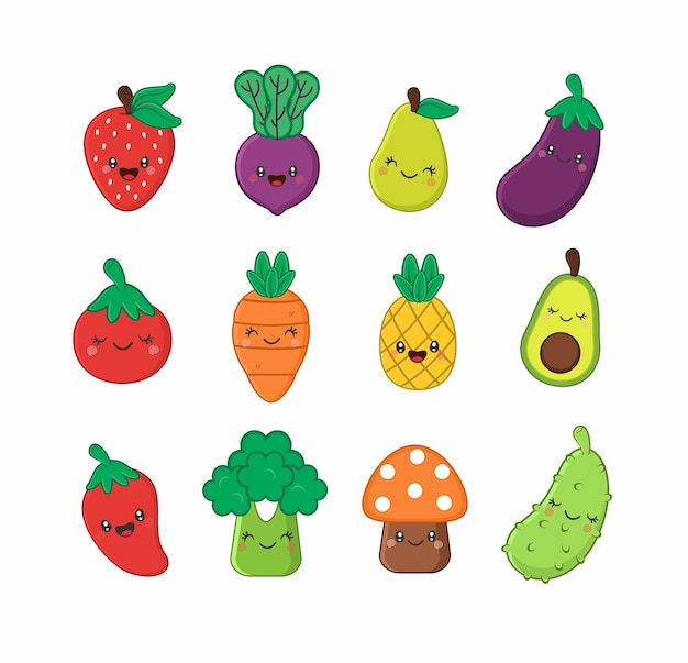 Lindo personaje kawaii de frutas y verduras