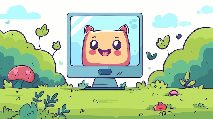 Vector el lindo personaje de kawaii en la pantalla de la computadora en la ilustración vectorial de campo