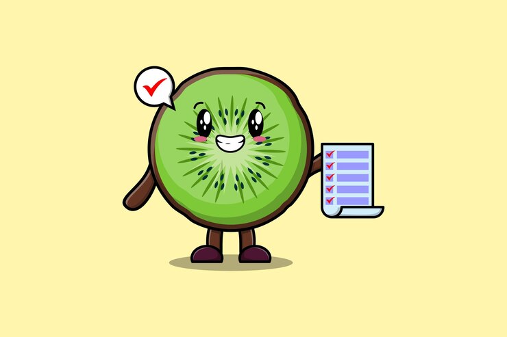 Vector lindo personaje de kiwi de dibujos animados con nota de lista de verificación en concepto de estilo de dibujos animados planos