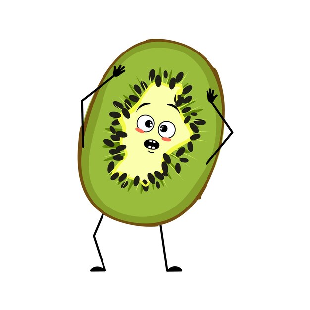 Lindo personaje de kiwi con emociones en pánico agarra su cabeza, cara, brazos y piernas. La comida verde divertida o triste, dulce fruta tropical exótica con ojos