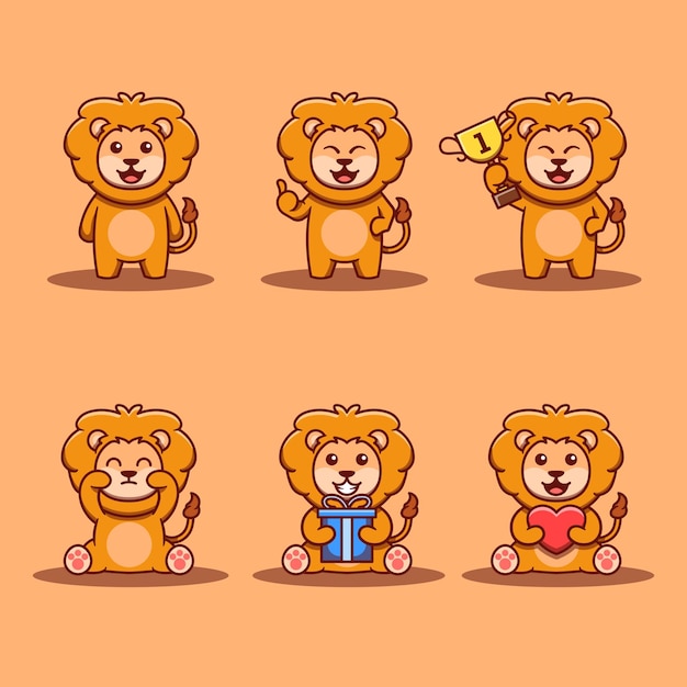 Lindo personaje de león en varias poses ilustración vectorial