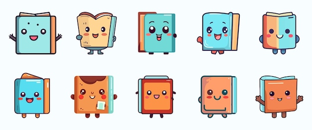 Lindo personaje de libro de dibujos animados feliz y sonriente para la etiqueta e impresión de la mascota del logotipo del icono
