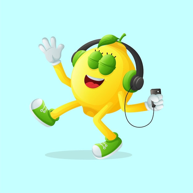 Vector lindo personaje de limón escuchando música perfecto para promoción de pancartas adhesivas y productos para niños