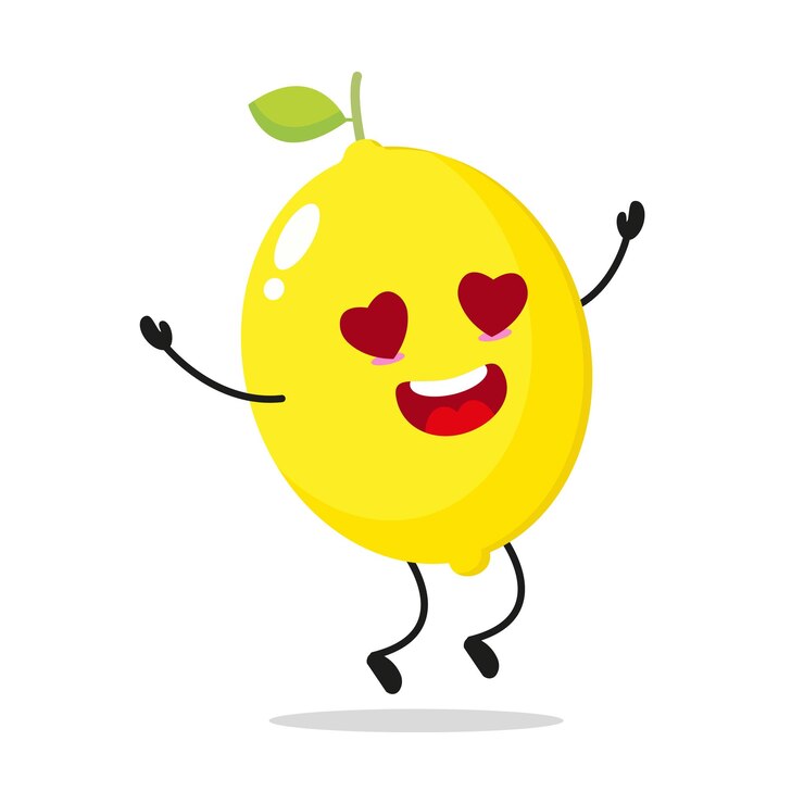 Vector lindo personaje de limón feliz divertido enamoramiento emoticono de dibujos animados de fruta de limón en estilo plano