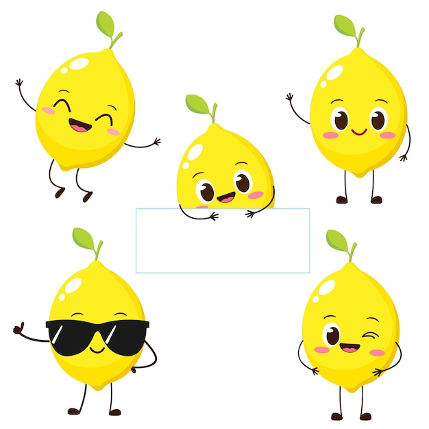 Vector lindo personaje de limón feliz emoticono de fruta divertida en estilo plano ilustración de vector de emoji de limón amarillo comida vegetariana saludable