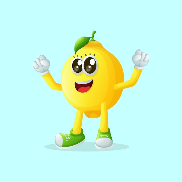 Vector lindo personaje de limón haciendo un signo de victoria con su mano perfecto para productos y calcomanías para niños