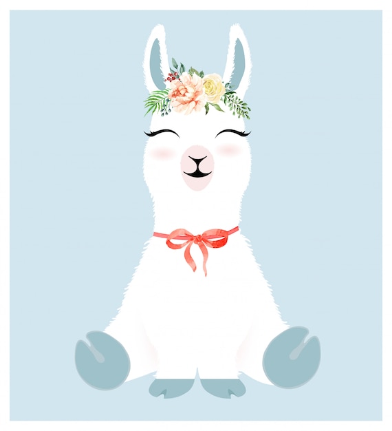 Lindo personaje de llama y corona de flores de acuarela.