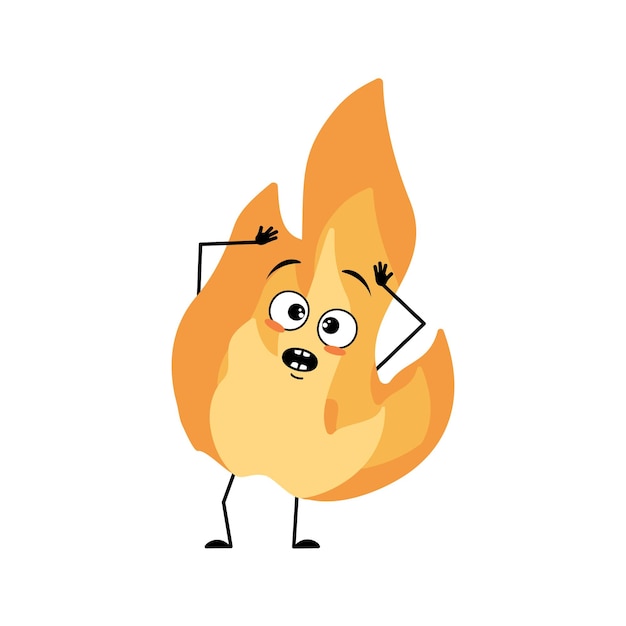 Lindo personaje de llama con emociones de pánico cara sorprendida ojos conmocionados brazos y piernas Hombre de fuego con expresión asustada persona naranja caliente Vector ilustración plana