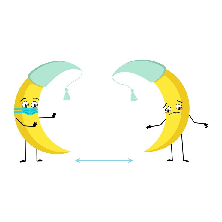 Vector lindo personaje de luna en gorro de dormir con emociones tristes cara y máscara mantener distancia brazos y piernas persona con expresión de cuidado y pose vector ilustración plana