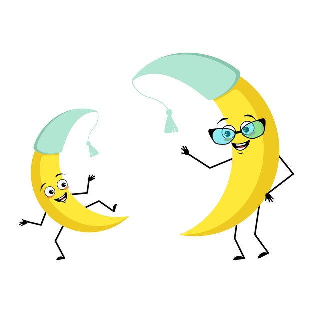 Lindo personaje de luna en gorro de dormir con gafas y nieto bailando personaje con emoción feliz cara alegre sonrisa ojos brazos y piernas Persona con expresión divertida y pose Vector ilustración plana