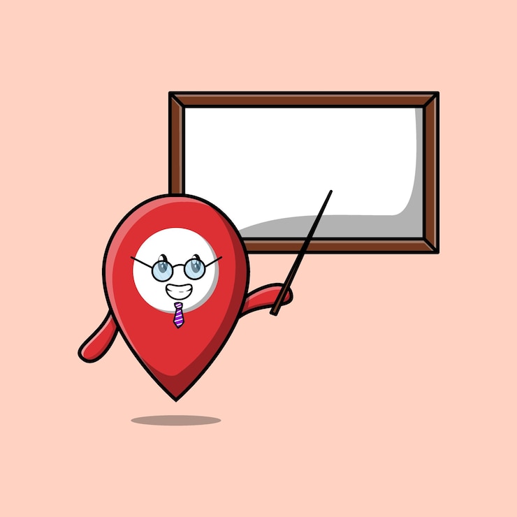 Vector lindo personaje de maestro de ubicación de pin de dibujos animados enseñando con pizarra en concepto de estilo de dibujos animados 3d